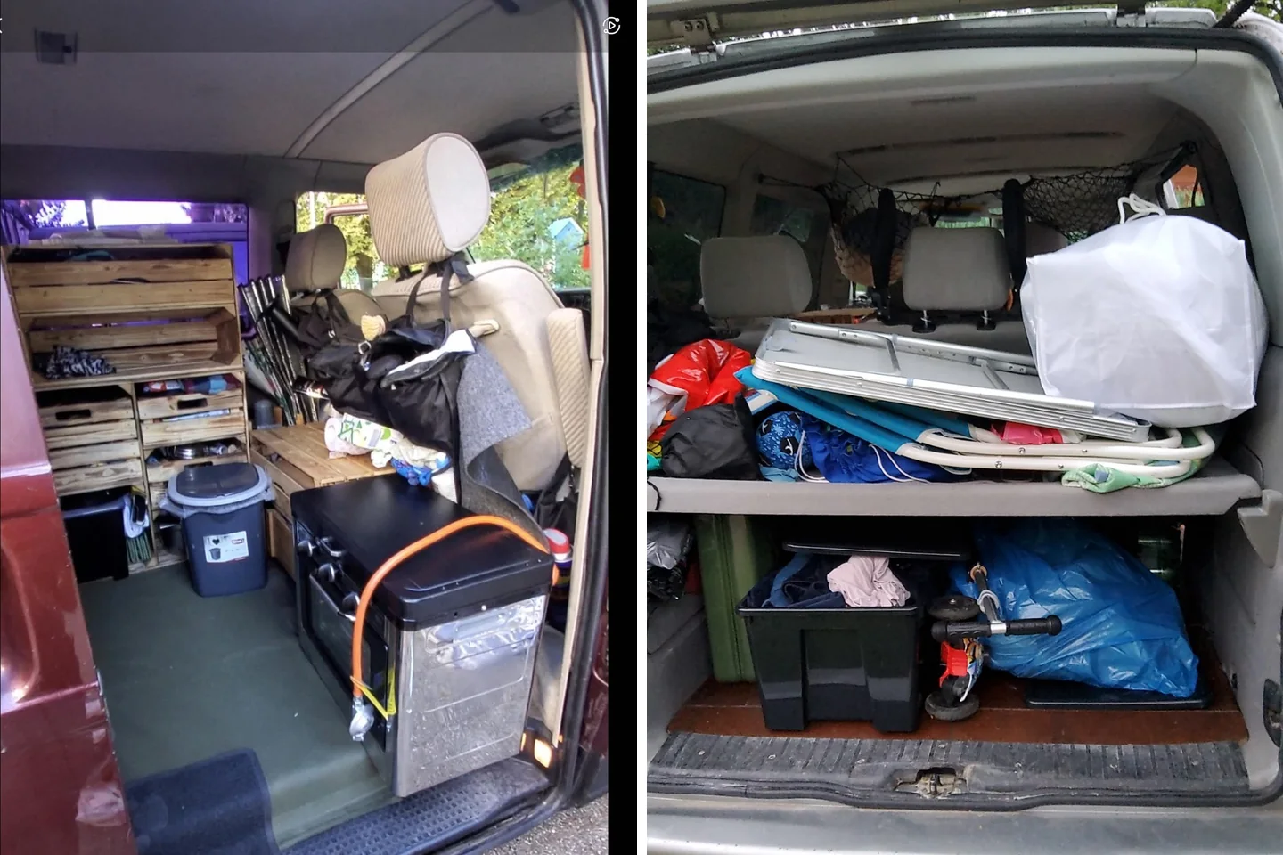 Der voll eingeräumte Innenraum und Kofferraum des roten T4 mit Bett, Küche, Toilette, Kisten und Campingausrüstung