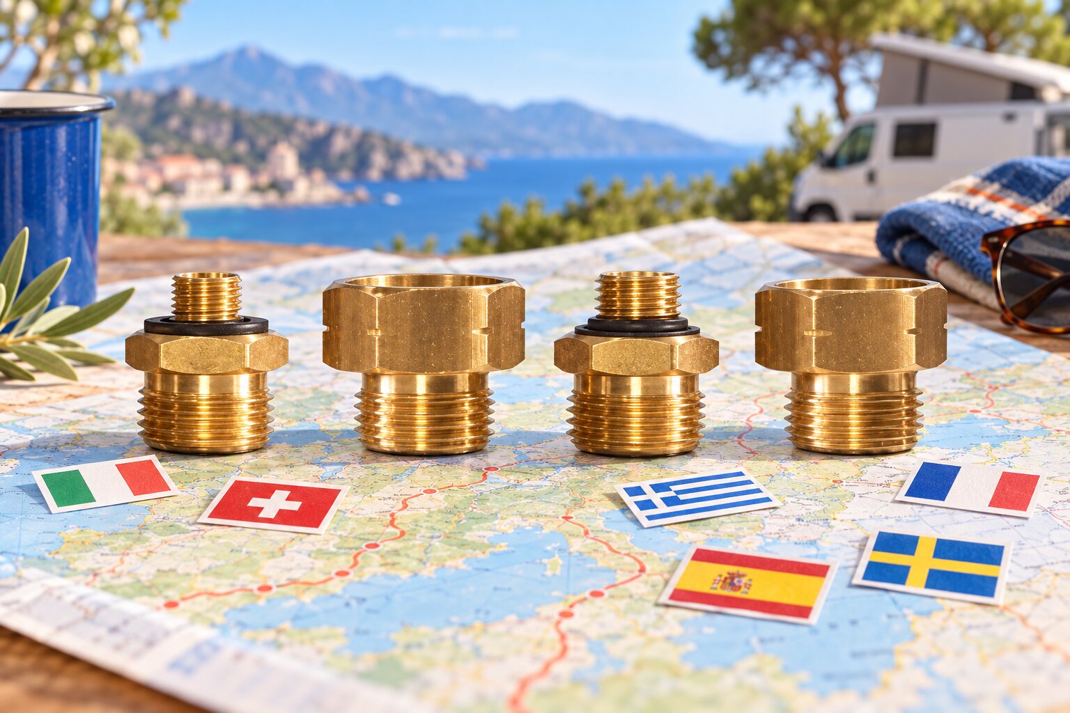 Vier Messingadapter für Gasflaschen liegen auf einer Europakarte neben Länderflaggen