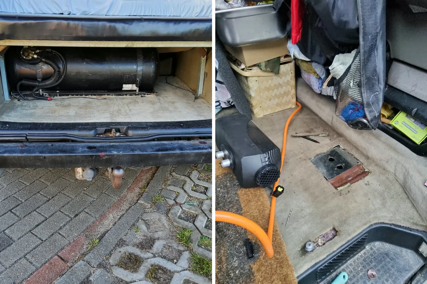 Zwei Fotos vom Umbau der Gasanlage im roten T4: der Gastank im Heck und Arbeiten am Boden beim Reserveradplatz