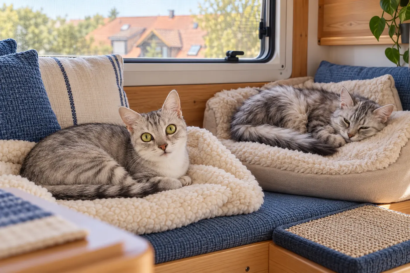 Die langhaarige grau-weiße Timmy und ihre kurzhaarige weiß-graue Schwester Susi ruhen auf getrennten weichen Plätzen im Camper.