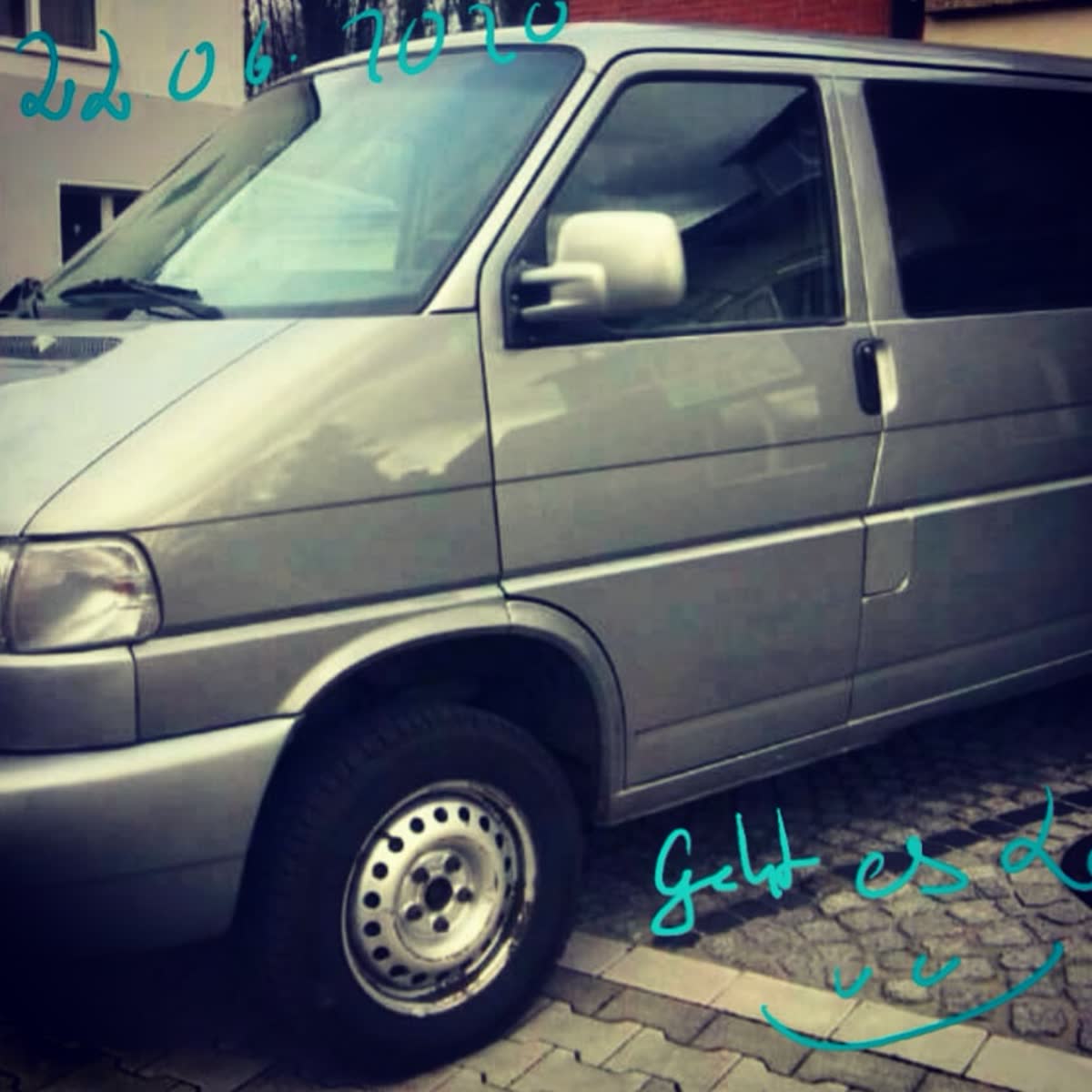 Silberner VW T4 Caravelle, mein erster Bus, mit handschriftlicher Notiz 22.06.2020