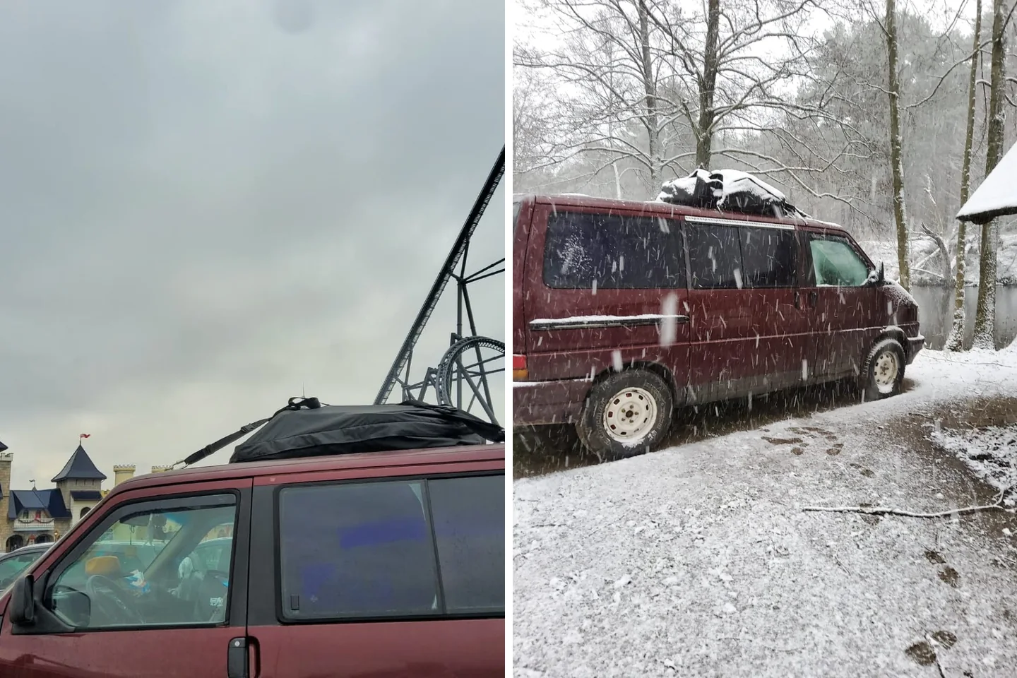 Der rote T4 vor einer großen Achterbahn am Energylandia und später im dichten Schneefall im Wald