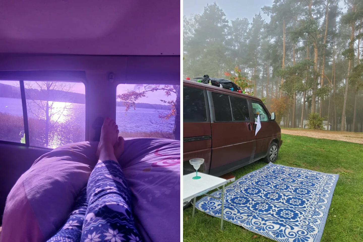 Zwei echte Vanlife-Momente: Blick vom Bett im roten T4 auf einen See und der rote Camper auf einem Waldstellplatz